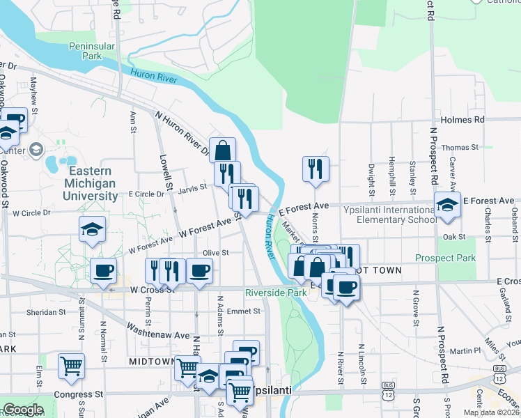map of restaurants, bars, coffee shops, grocery stores, and more near 5 West Forest Avenue in Ypsilanti