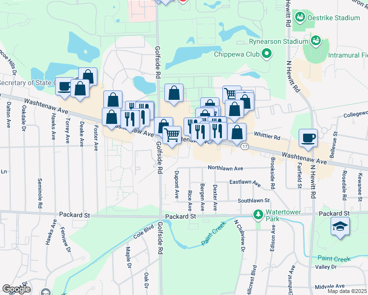 map of restaurants, bars, coffee shops, grocery stores, and more near 3075 Washtenaw Avenue in Ypsilanti