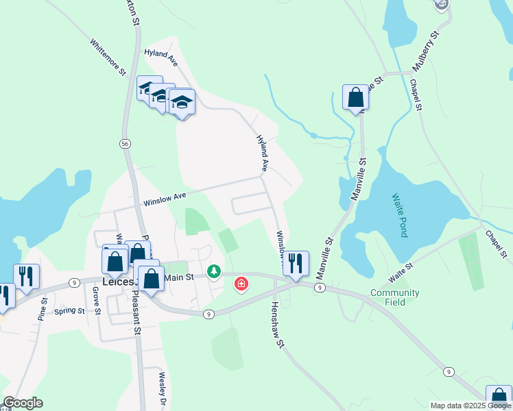 map of restaurants, bars, coffee shops, grocery stores, and more near 11 Deer Pond Drive in Leicester