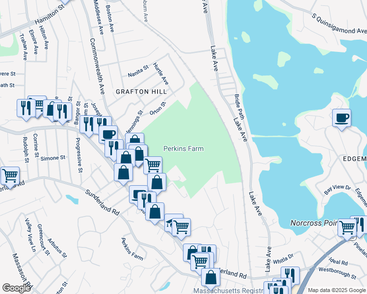 map of restaurants, bars, coffee shops, grocery stores, and more near 55 Jolma Road in Worcester