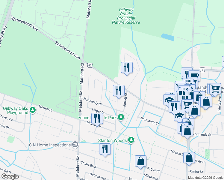 map of restaurants, bars, coffee shops, grocery stores, and more near 5929 Rosewood Crescent in Windsor