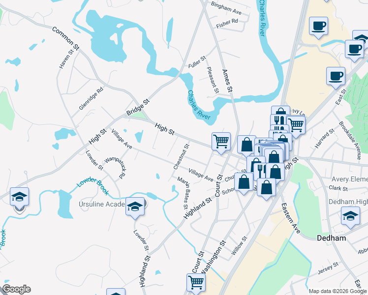 map of restaurants, bars, coffee shops, grocery stores, and more near in Dedham