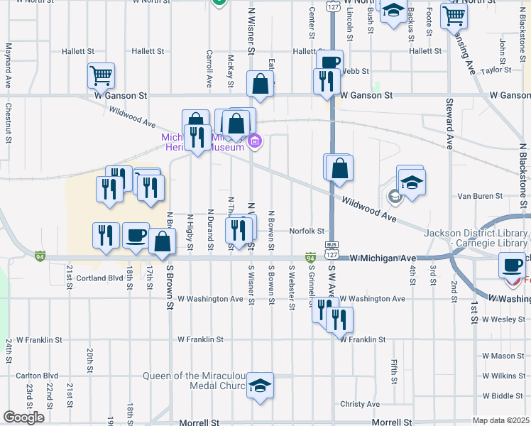 map of restaurants, bars, coffee shops, grocery stores, and more near 206 North Bowen Street in Jackson