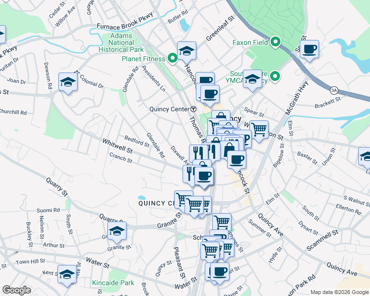 map of restaurants, bars, coffee shops, grocery stores, and more near 231 Presidents Lane in Quincy