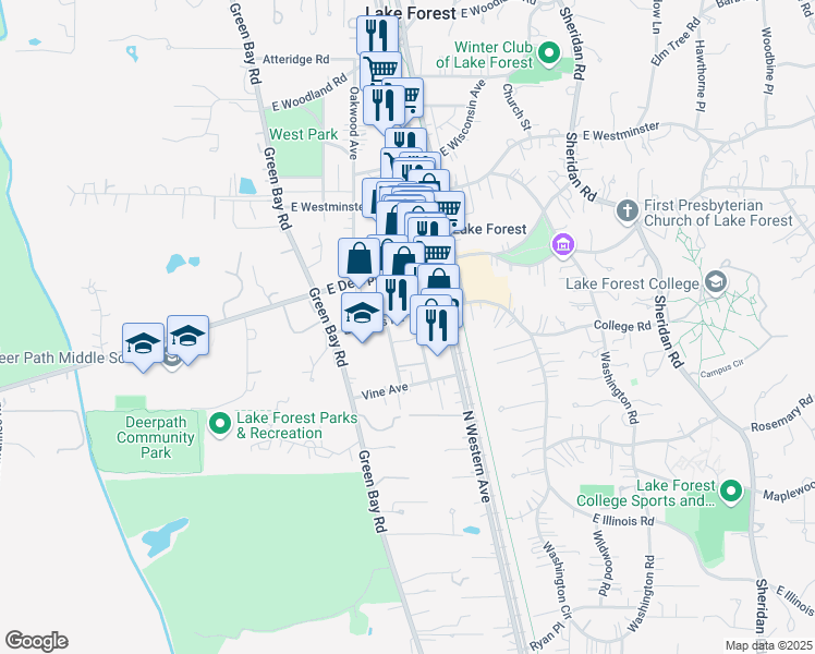 map of restaurants, bars, coffee shops, grocery stores, and more near 255 East Illinois Road in Lake Forest