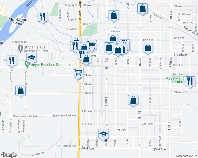 map of restaurants, bars, coffee shops, grocery stores, and more near 1714 South 5th Street in Rockford
