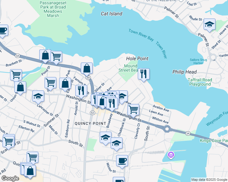 map of restaurants, bars, coffee shops, grocery stores, and more near 21 Curtis Avenue in Quincy