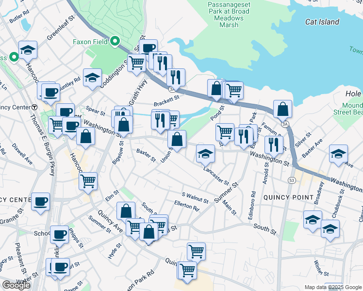 map of restaurants, bars, coffee shops, grocery stores, and more near 16 Fowler Street in Quincy