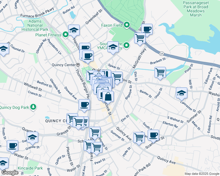 map of restaurants, bars, coffee shops, grocery stores, and more near 25 Cottage Avenue in Quincy