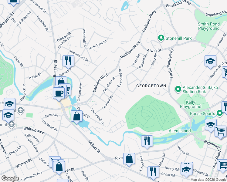 map of restaurants, bars, coffee shops, grocery stores, and more near 170 Harding Terrace in Dedham