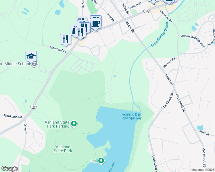 map of restaurants, bars, coffee shops, grocery stores, and more near 105 Metropolitan Avenue in Ashland