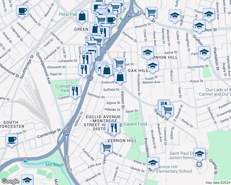 map of restaurants, bars, coffee shops, grocery stores, and more near 76 Seymour Street in Worcester
