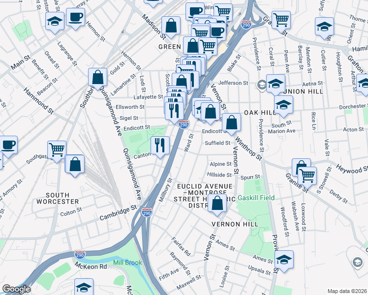 map of restaurants, bars, coffee shops, grocery stores, and more near 73 Ward Street in Worcester