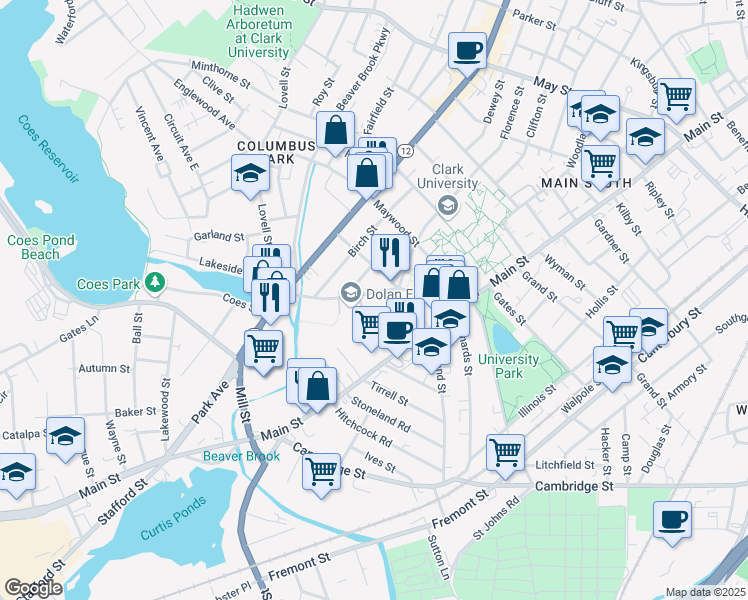 map of restaurants, bars, coffee shops, grocery stores, and more near 30 Marble Street in Worcester