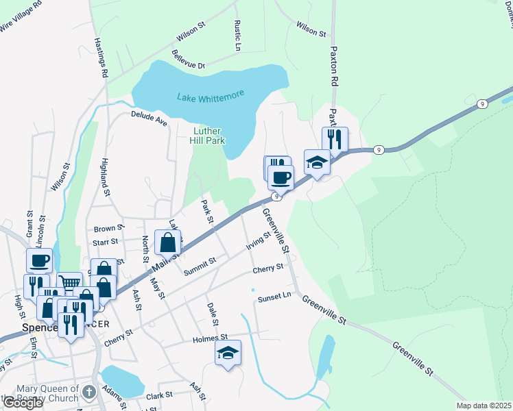 map of restaurants, bars, coffee shops, grocery stores, and more near 280 Main Street in Spencer