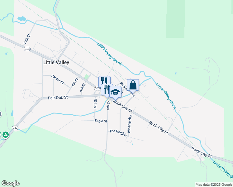 map of restaurants, bars, coffee shops, grocery stores, and more near 200 Rock City Street in Little Valley