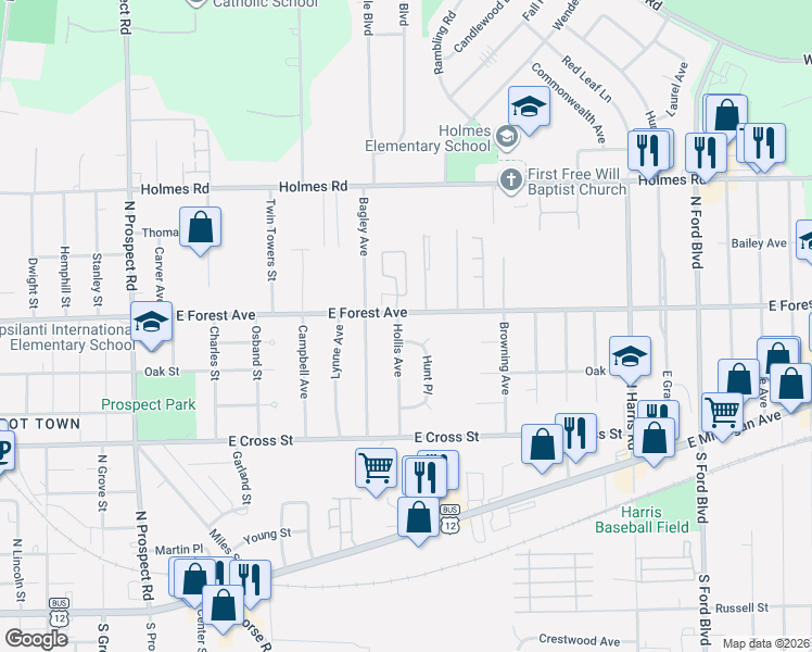 map of restaurants, bars, coffee shops, grocery stores, and more near 580 Hollis Avenue in Ypsilanti