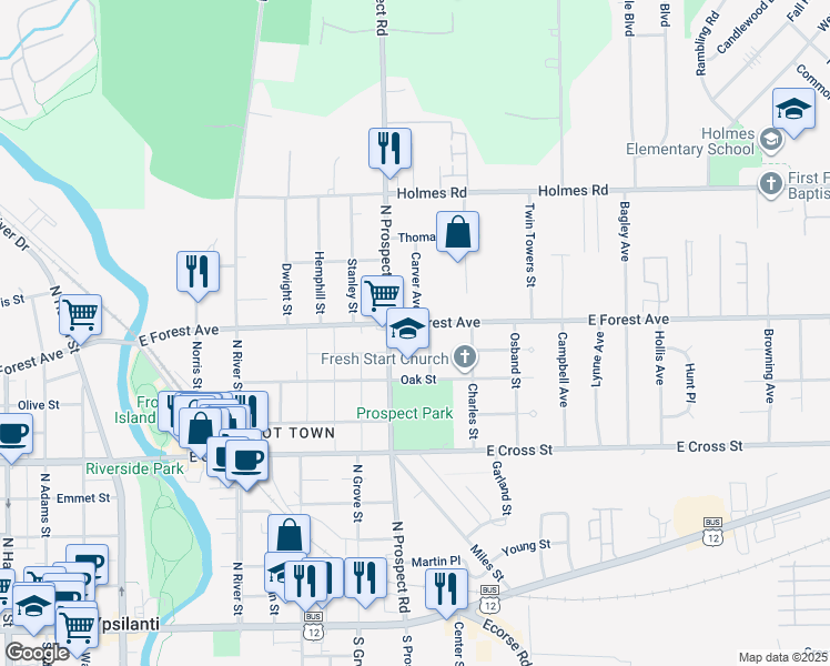 map of restaurants, bars, coffee shops, grocery stores, and more near 622 North Prospect Road in Ypsilanti