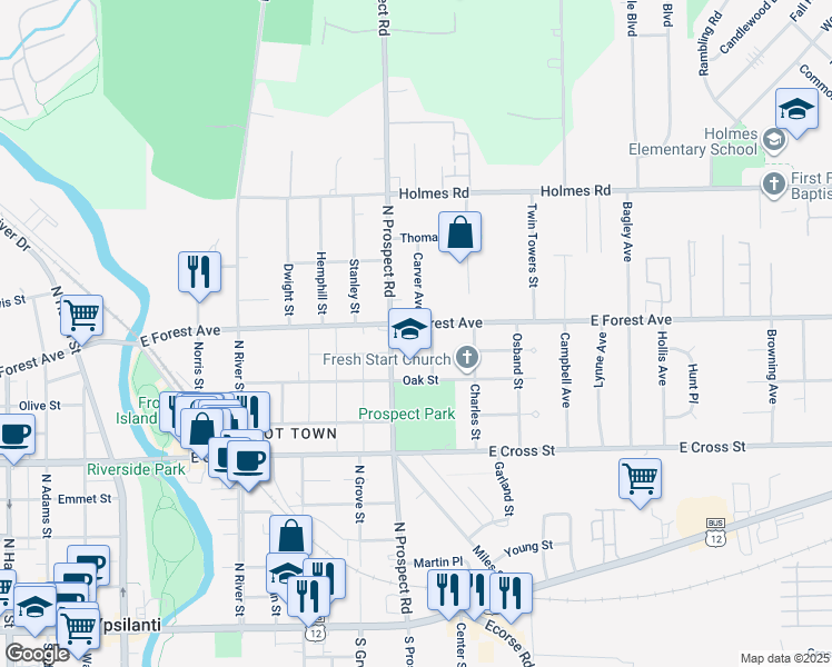 map of restaurants, bars, coffee shops, grocery stores, and more near 622 North Prospect Road in Ypsilanti
