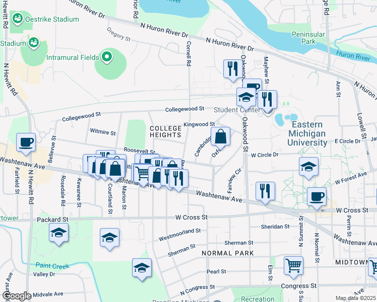 map of restaurants, bars, coffee shops, grocery stores, and more near 1302 Roosevelt Street in Ypsilanti