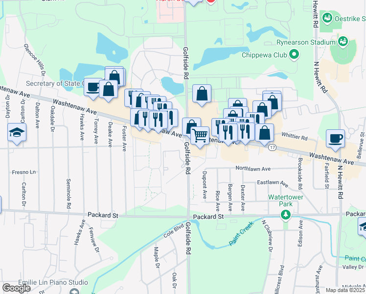 map of restaurants, bars, coffee shops, grocery stores, and more near 2700 Golfside Road in Ann Arbor