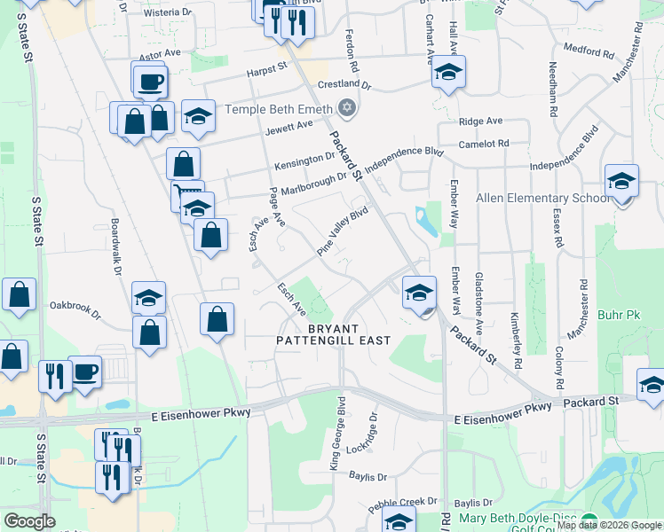 map of restaurants, bars, coffee shops, grocery stores, and more near 2754 Page Avenue in Ann Arbor