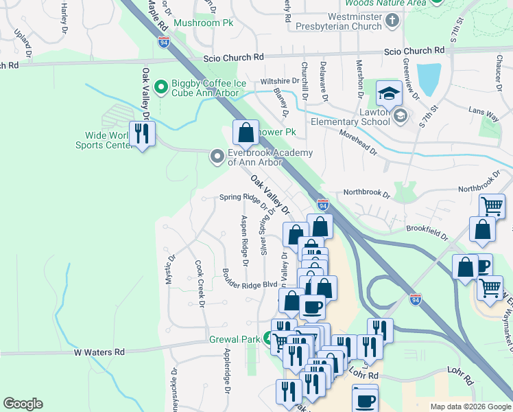 map of restaurants, bars, coffee shops, grocery stores, and more near 2717 Aspen Ridge Drive in Ann Arbor