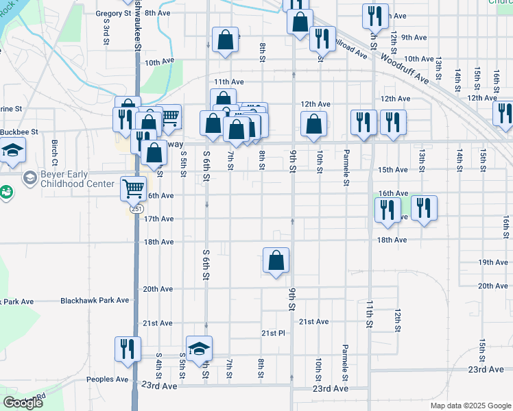 map of restaurants, bars, coffee shops, grocery stores, and more near 1727 8th Street in Rockford