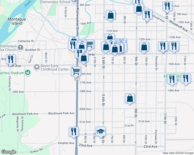 map of restaurants, bars, coffee shops, grocery stores, and more near 904 17th Avenue in Rockford