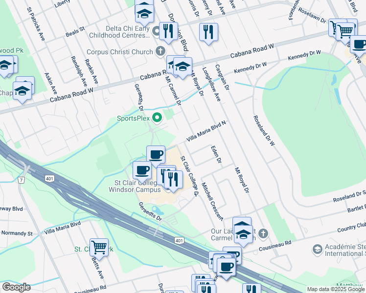 map of restaurants, bars, coffee shops, grocery stores, and more near 4003 Churchill Drive in Windsor