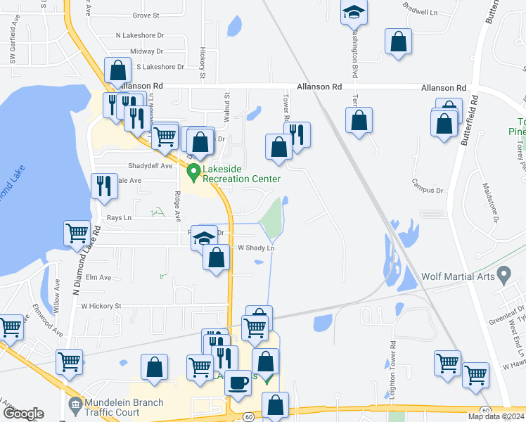 map of restaurants, bars, coffee shops, grocery stores, and more near 925 Clearbrook Park Drive in Mundelein
