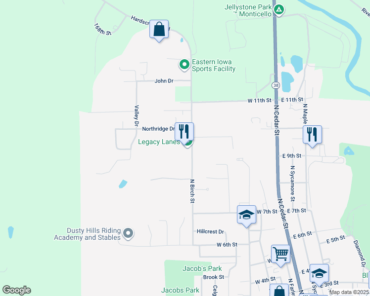 map of restaurants, bars, coffee shops, grocery stores, and more near 901 North Birch Street in Monticello