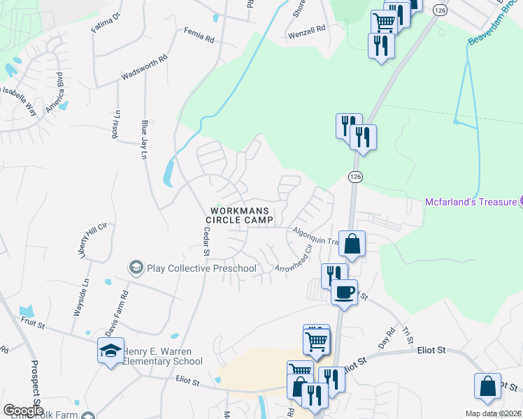 map of restaurants, bars, coffee shops, grocery stores, and more near 183 Captain Eames Circle in Ashland