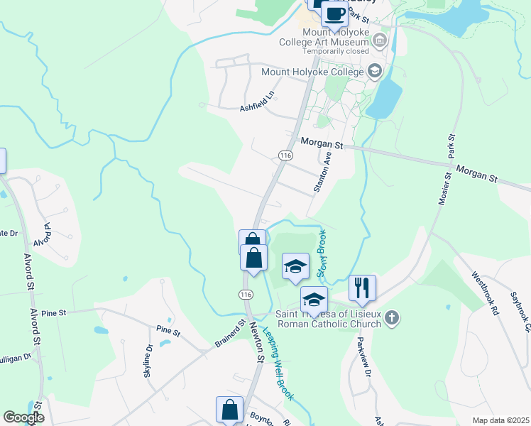 map of restaurants, bars, coffee shops, grocery stores, and more near 114 College Street in South Hadley