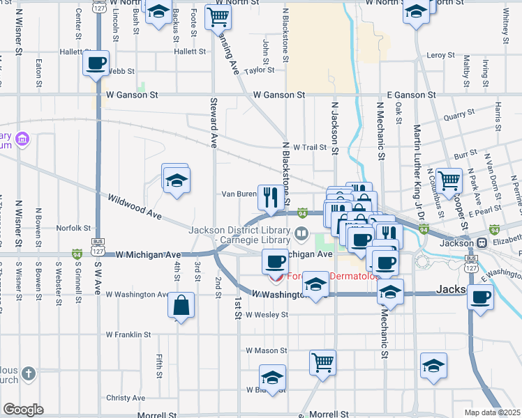 map of restaurants, bars, coffee shops, grocery stores, and more near 320 Clinton Street in Jackson