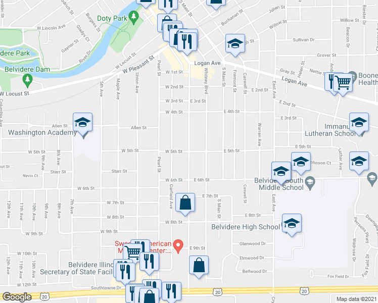 map of restaurants, bars, coffee shops, grocery stores, and more near West 5th Street in Belvidere