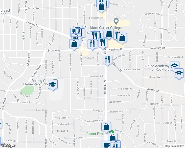 map of restaurants, bars, coffee shops, grocery stores, and more near 3912 Louisiana Road in Rockford