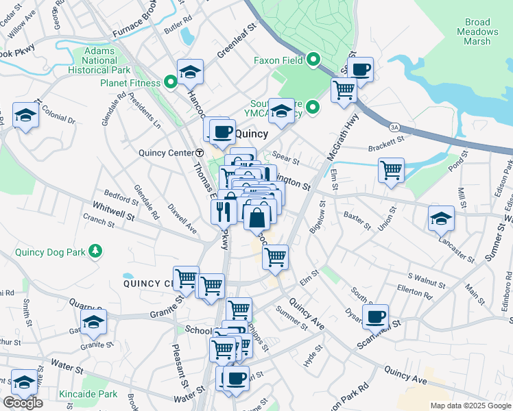 map of restaurants, bars, coffee shops, grocery stores, and more near 1441 Hancock Street in Quincy