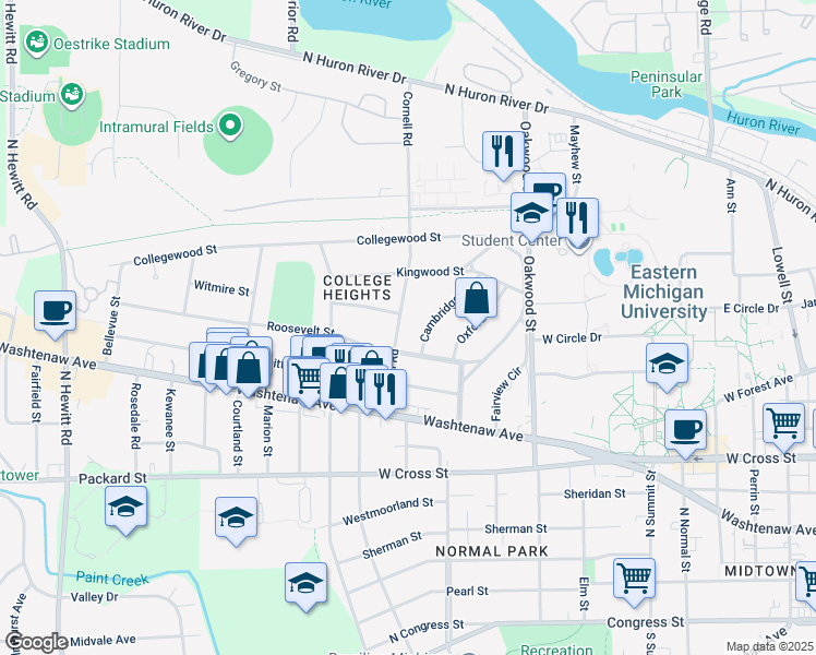 map of restaurants, bars, coffee shops, grocery stores, and more near 1302 Roosevelt Street in Ypsilanti