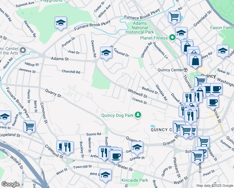 map of restaurants, bars, coffee shops, grocery stores, and more near 21 Ryden Street in Quincy