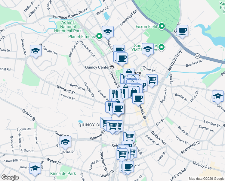 map of restaurants, bars, coffee shops, grocery stores, and more near 195 Thomas Burgin Parkway in Quincy