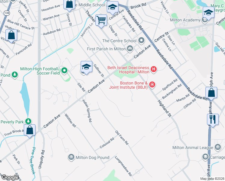 map of restaurants, bars, coffee shops, grocery stores, and more near 648 Canton Avenue in Milton