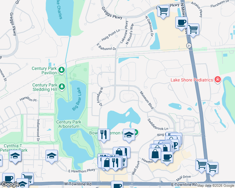 map of restaurants, bars, coffee shops, grocery stores, and more near 346 Bay Tree Circle in Vernon Hills