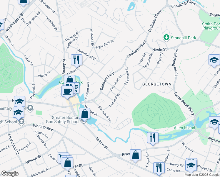 map of restaurants, bars, coffee shops, grocery stores, and more near 61 Fleming Street in Dedham
