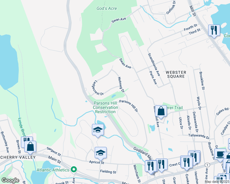map of restaurants, bars, coffee shops, grocery stores, and more near 16 Parsons Hill Drive in Worcester