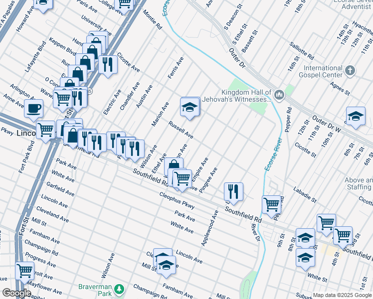 map of restaurants, bars, coffee shops, grocery stores, and more near 1569 Washington Avenue in Lincoln Park