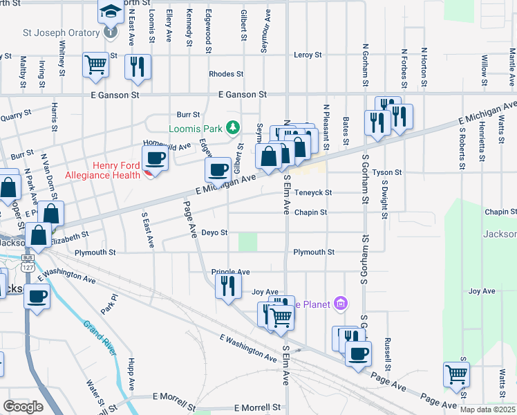 map of restaurants, bars, coffee shops, grocery stores, and more near 1420 Chapin Street in Jackson