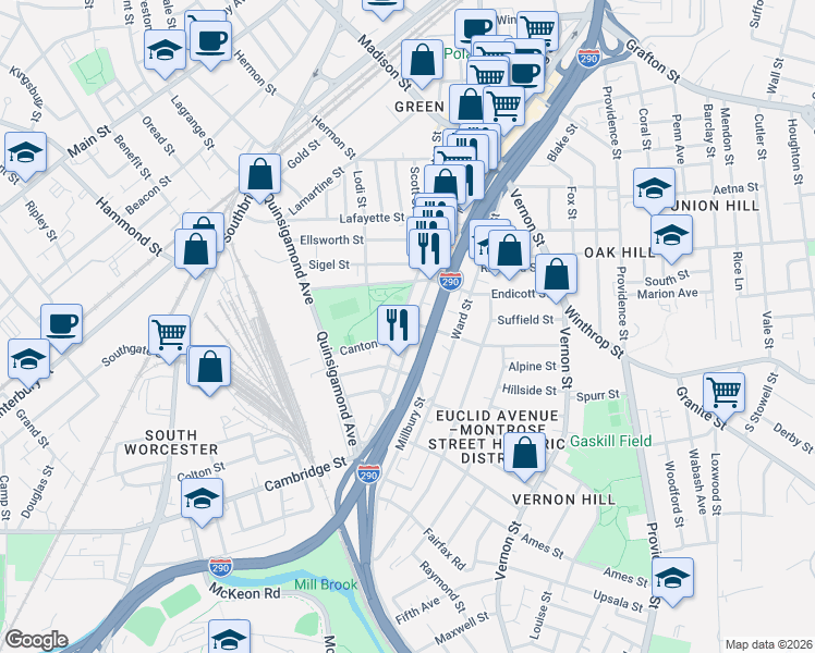 map of restaurants, bars, coffee shops, grocery stores, and more near 255 Millbury Street in Worcester