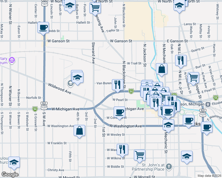 map of restaurants, bars, coffee shops, grocery stores, and more near 323 Clinton Street in Jackson