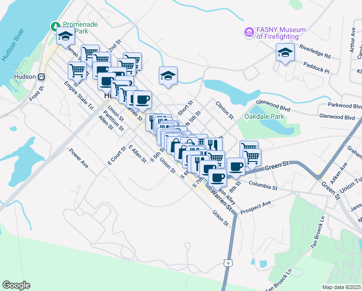 map of restaurants, bars, coffee shops, grocery stores, and more near 535 Warren Street in Hudson